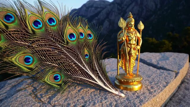 Golden murugan statue with peacock feather and mountain background