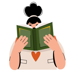 Woman with a bun hairstyle reading a green book. Simple vector illustration showing focus, learning, and love for reading. Clean design with warm colors and a heart symbol on clothing.
