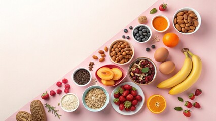 Colorful assortment of healthy breakfast food options arranged on a light pink background for a nutritious start to the day.