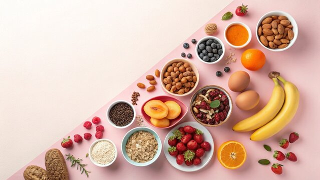 Colorful assortment of healthy breakfast food options arranged on a light pink background for a nutritious start to the day.
