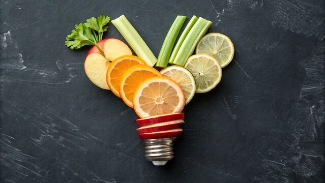 Healthy food idea shown with fruits and vegetables in a lightbulb shape on a dark textured background representing healthy eating.