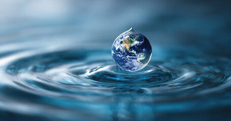 Droplet shaped like Earth hovers above rippling water, symbolizing global water conservation and environmental awareness