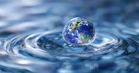 Small Earth floats above rippling water, symbolizing global environmental impact and sustainability