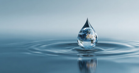 Water droplet with Earth inside creates ripples on calm surface, symbolizing global environmental impact