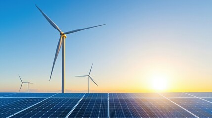ESG, Environment and Investment Renewable energy with wind turbines and solar panels at sunrise.