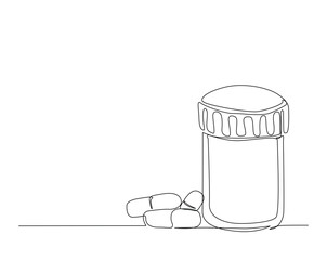 Medicine bottle outline illustration. Continuous line drawing of vitamin bottle.
