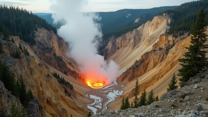 Aerial view of volcanic crater with steam rising in grand canyon with trees and mountainous landscape