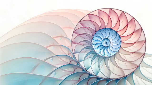 Abstract nautilus shell spiral with gradient colors and translucent layers