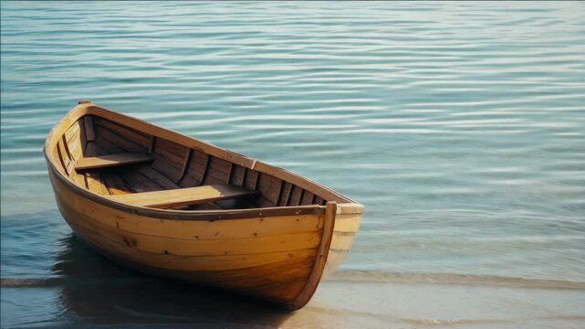 Peaceful seaside scene with an empty rowboat on the beach, ready for a paddle out to sea.