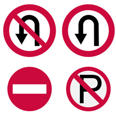 Standard prohibited road signs vector graphics set | International traffic restriction symbols | No U-Turn and No Parking regulatory collection | Do Not Enter sign and U-Turn arrow icons