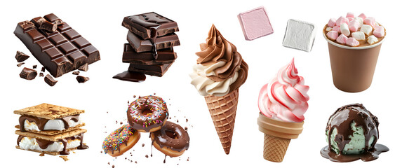 Collection of dessert candy candies treats sweets, Soft serve ice cream Yoghurt, chocolate, donut doughnut, S'more, Marshmallow cocoa, isolated on transparent cutout PNG. Many different variety
