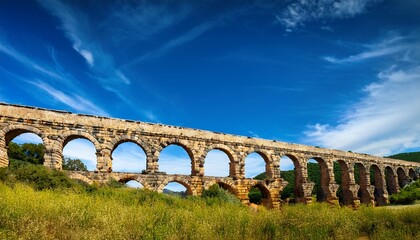 Obraz premium ancient stone aqueduct with arches against a vibrant blue sky in a natural landscape