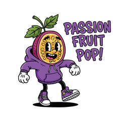 Retro Cartoon Style Passion Fruit Character Wearing Hoodie Illustration