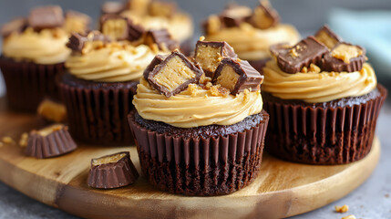 Delicious chocolate cupcakes with peanut butter frosting and chocolate toppings are arranged on a wooden board