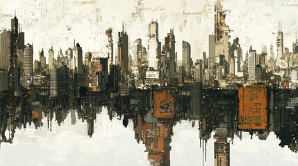 Post-apocalyptic city skyline reflected in a distressed surface.