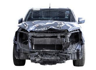 Car crash, Front view of pick up get damaged by accident on the road. damaged cars after collision....