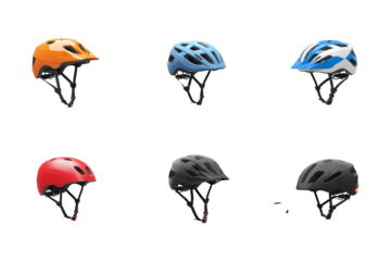 Colorful Helmets: A collection of stylish and protective bicycle helmets, each in a vibrant color, providing safety and style for outdoor adventures.
