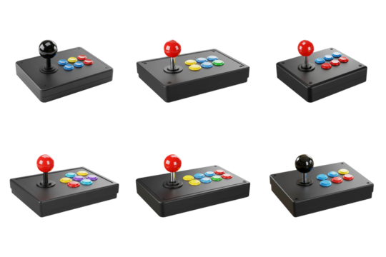 Arcade joystick assortment: Showcasing an assortment of arcade joysticks, each with distinct button layouts, a symbol of gaming heritage, ready for pixelated adventures.