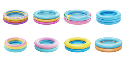 Playful Splash Zones: A vibrant collection of colorful inflatable pools, perfect for aquatic fun and relaxation, showcasing various designs and styles. 