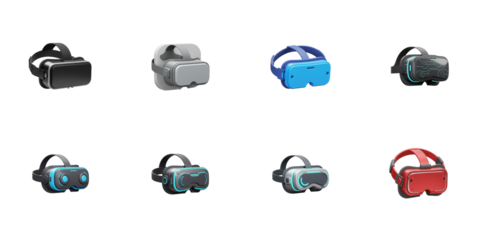 VR Headsets Collection: A diverse assortment of virtual reality (VR) headsets, showcasing sleek design and technological innovation. Capturing the immersive world of VR 
