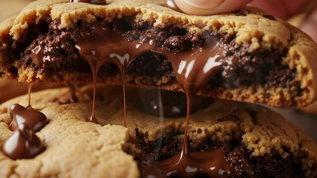 A close up of a chocolate chip cookie with melted chocolate oozing out of the center portion of it