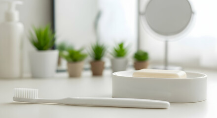Toothbrush and Soap Displayed Neatly on Countertop with Plants and Mirror Background