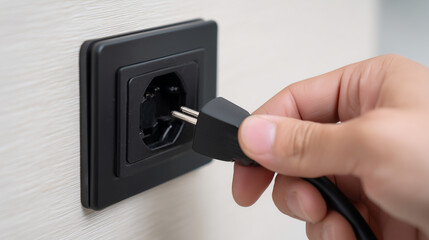 Minimalist interior with a black socket and a person&acirc;s hand inserting a plug, representing home electrical safety and modern design modern socket, interior electricity, hand plug i