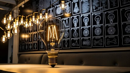 Warm light from bulb illuminates wall of innovation diagrams