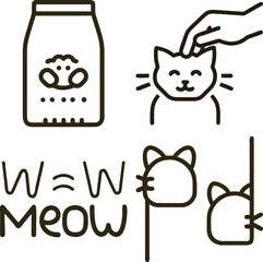 Cute cat icons showing feeding petting and meowing sounds with playful design