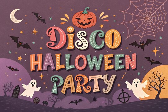 Retro disco halloween party invitation with spooky elements like ghosts bats pumpkin and spider web