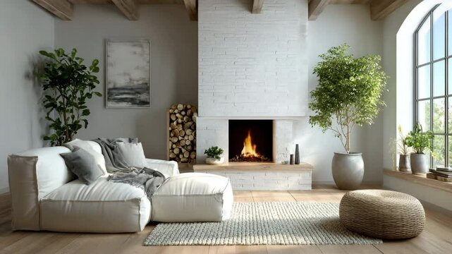A white corner sofa by the fireplace. Scandinavian interior design for a contemporary living area. 
