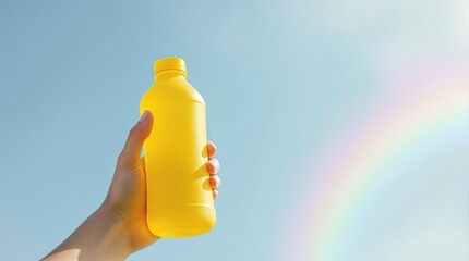 a yellow drink bottle under a blue summer sky with a rainbow