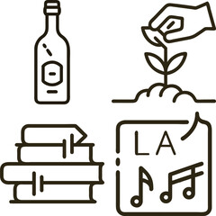 Collection of four simple line art icons representing wine books music and planting a seedling