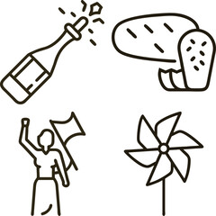 Set of four simple line art icons representing celebration and outdoor activities