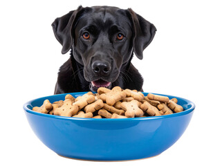 Adult Black Labrador Sitting While Eating Dog Biscuits from Blue Bowl, isolated on transparent background