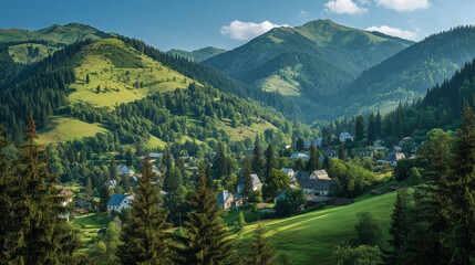 Fototapeta premium Scenic mountain village nestled in lush green hills, pine trees in the foreground, Carpathian-style countryside, peaceful and sunny summer day mountain village, green hills, pine f