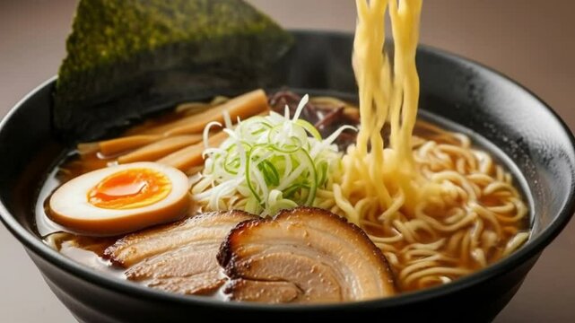 Close up shot of ramen in a black bowl with chopsticks holding noodles and visible ingredients