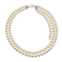 Obraz premium Elegant double strand necklace with creamy white, perfectly round pearls and a silver clasp, isolated on a transparent background with ample copy space, arranged in a wavy pattern, concept of timeless