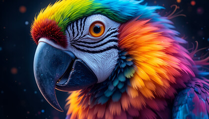 Obraz premium A vibrant macaw parrot displays a dazzling array of rainbow colors, showcasing its exotic plumage and captivating gaze against a dark background.