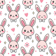 Seamless pattern with cute cartoon rabbits and bunnies, perfect for Easter or spring holiday designs.