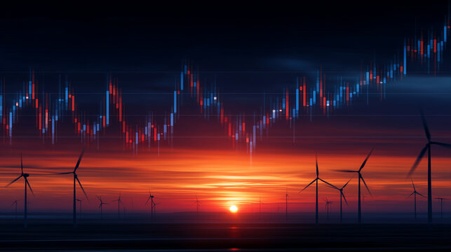 Sunset over renewable energy assets with trading candlestick chart, merging clean technology with financial performance data energy finance, trading view, sustainability metrics, s