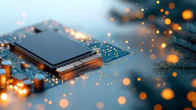 Festive tech innovations christmas celebration digital circuitry indoor setting close-up view modern concepts for enhanced creativity