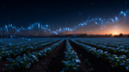 Futuristic financial chart overlay on solar power field, clean energy market growth, renewable energy investment, green tech analytics, sustainable finance, solar stocks data, eco-