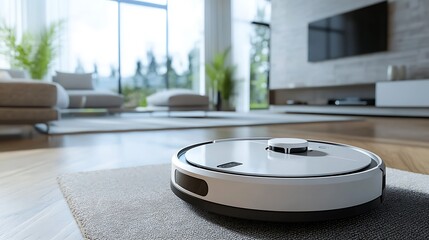 A high-tech robotic vacuum on the left, blurred modern home interior