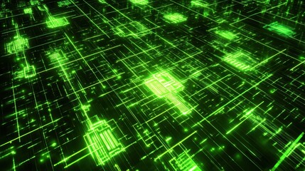 Complex network of glowing green circuit lines.