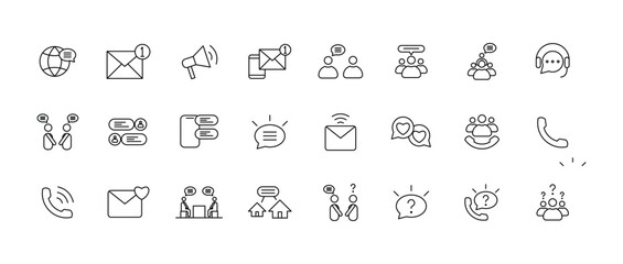 Minimalist thin line icon set representing communication, and technology concepts. Suitable for apps, presentations, infographics, and websites. Vector outline style.