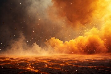 Fiery landscape with glowing lava flows and smoke filled sky with floating embers