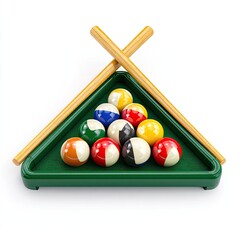 Pool Billiards Sport Logo Triangle rack with striped balls cue stick striking green felt table isolated on white background
