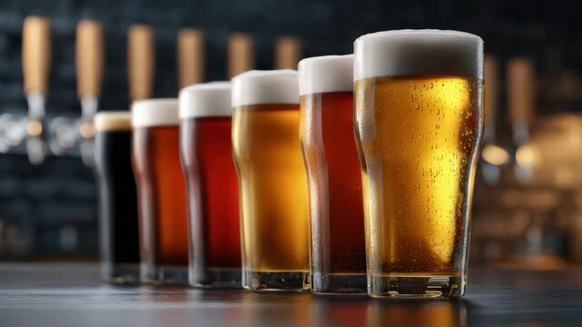 Row of beer glasses with foam and condensation showcasing different colors and types of beverage drink bar setting creating warm