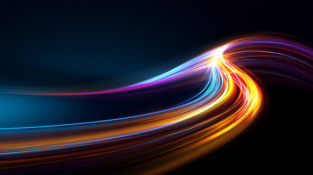 Abstract neon curved lines on dark blue background, glowing energy path, light swoosh effect, motion trail of vibrant colors, modern digital motion flow, speed burst light effect,